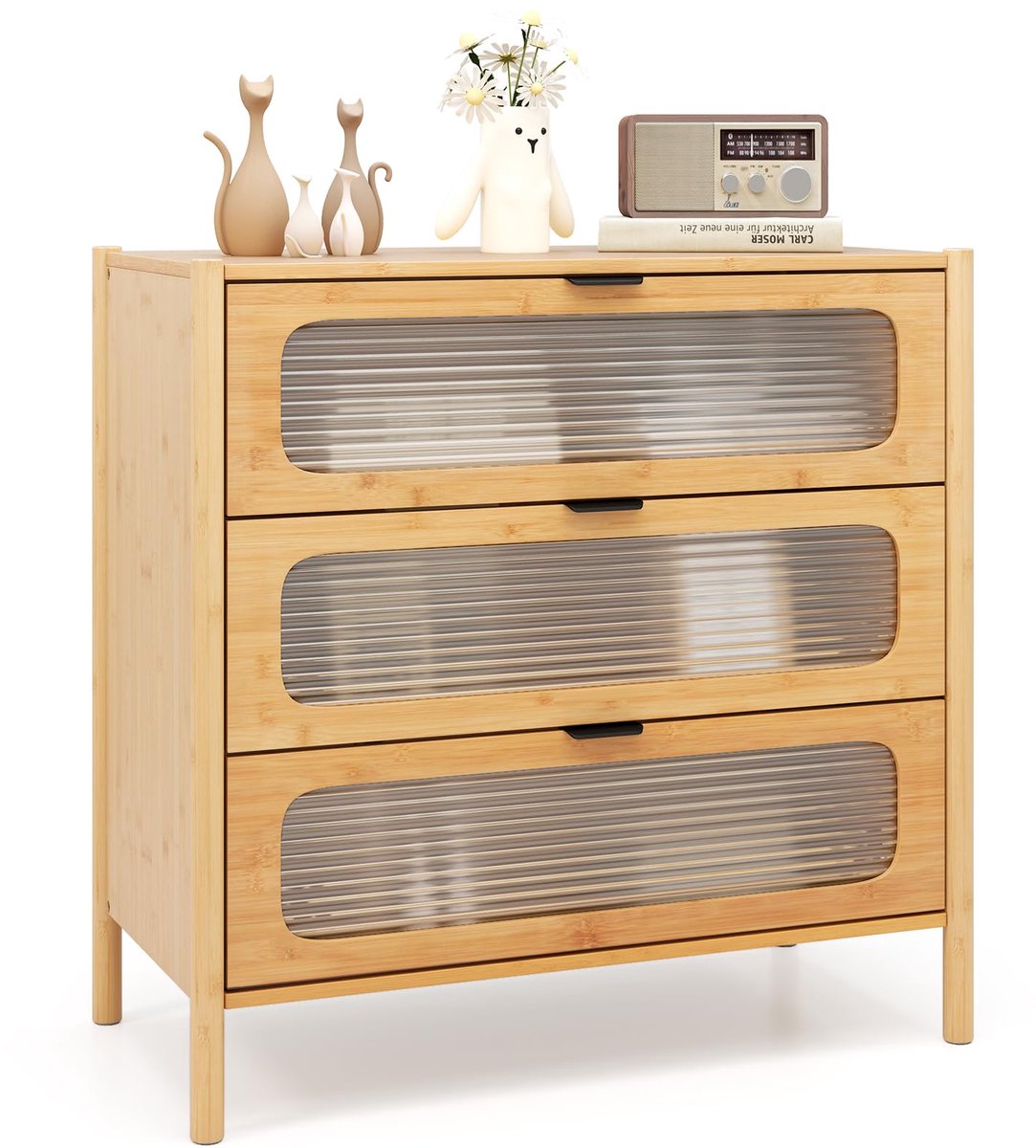 Costway Ladekast met 3 laden, dressoir van bamboe & gehard glas, ladeblok in mid-century stijl voor woonkamer, slaapkamer, gang, naturel, 80 x 40 x 78,5 cm Natuurlijk