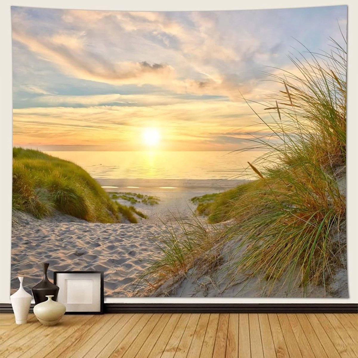 Zee-landschap wandtapijt, 300 x 256 cm zonsondergang scène aan zee wandtapijten voor woonkamer, wooncultuur, geel-groen beige