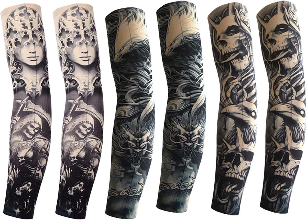 6 stuks nep tatoeages, mouwen kinderen outdoor uv-bescherming, tattoo kousen arm, tatoeage mouwen heren, armkousen tijdelijke tatoeage, zonnecrème armbanden, voor rockstar kostuum, carnaval, carnaval
