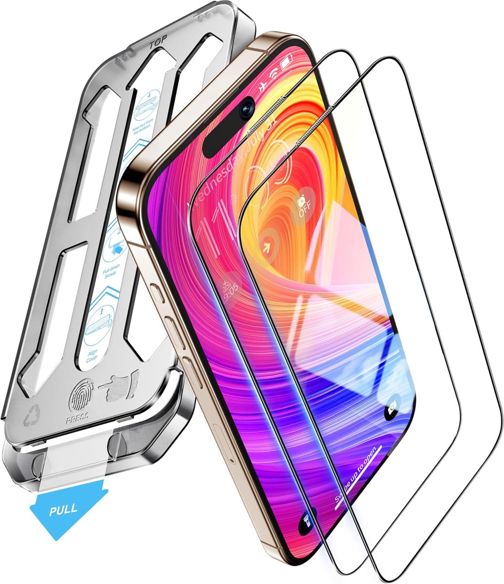Pantserfolie voor iPhone 16 Pro, auto-stofverwijdering, pantserfolie met Ultra Fit Tray, beschermfolie voor 16 Pro, militaire bescherming 9H hardheid, zonder luchtbellen, 2 stuks