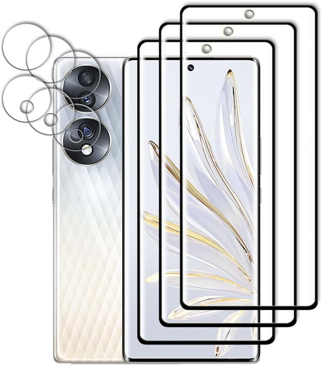 3 Stuk Gehard Glas Screenprotector Film， 3 Stuks cameralenbeschermer， voor Honor 70 5G，3D Volledige Dekking Gehard Glas Film ，9H hardheid，HD gehard glasfilm