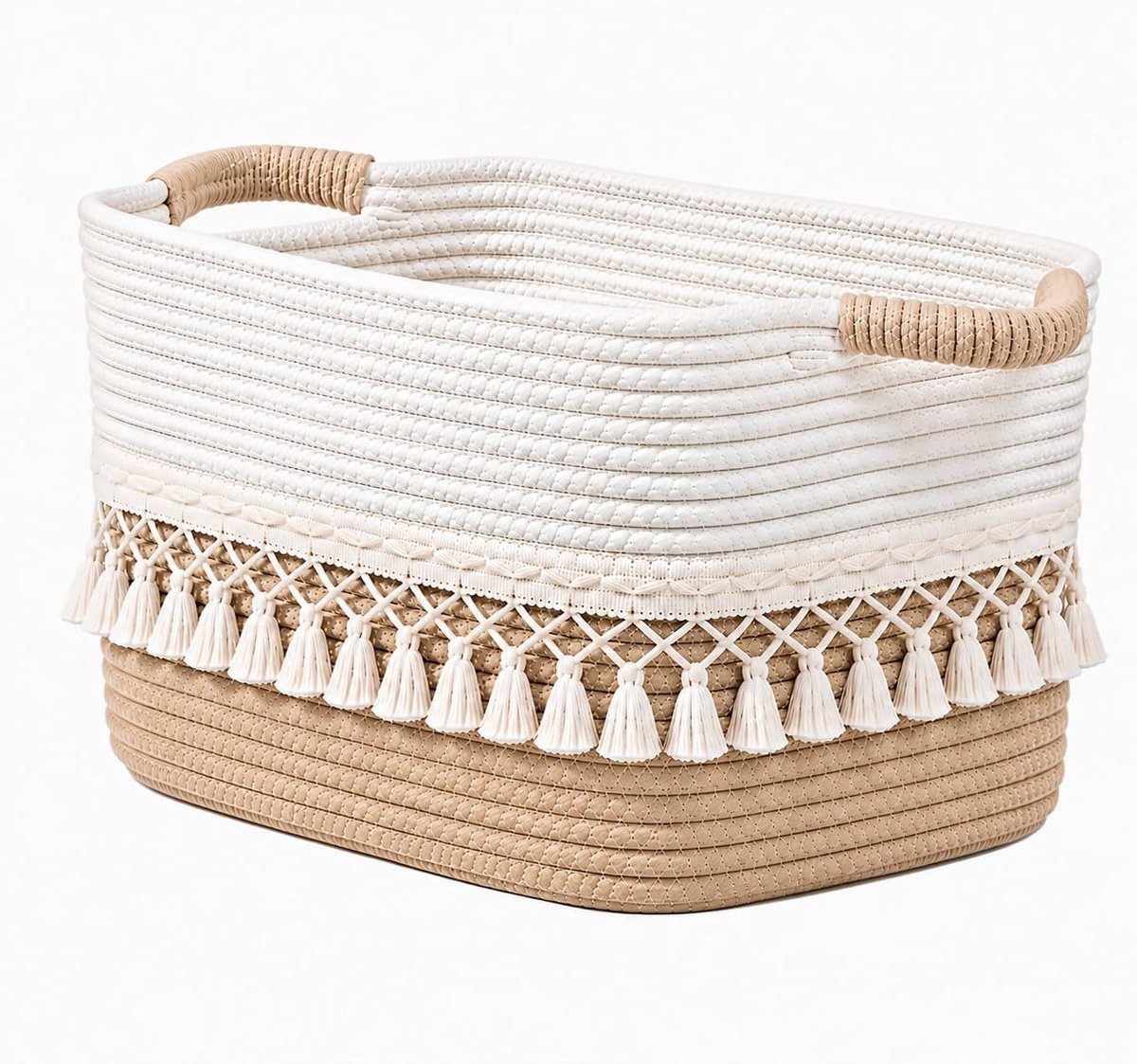 Opbergmanden van gevlochten katoenen touw, groot, boho-stijl, met kwastjes, opbergmanden voor planken, organizerkubussen voor babykleding (beige)