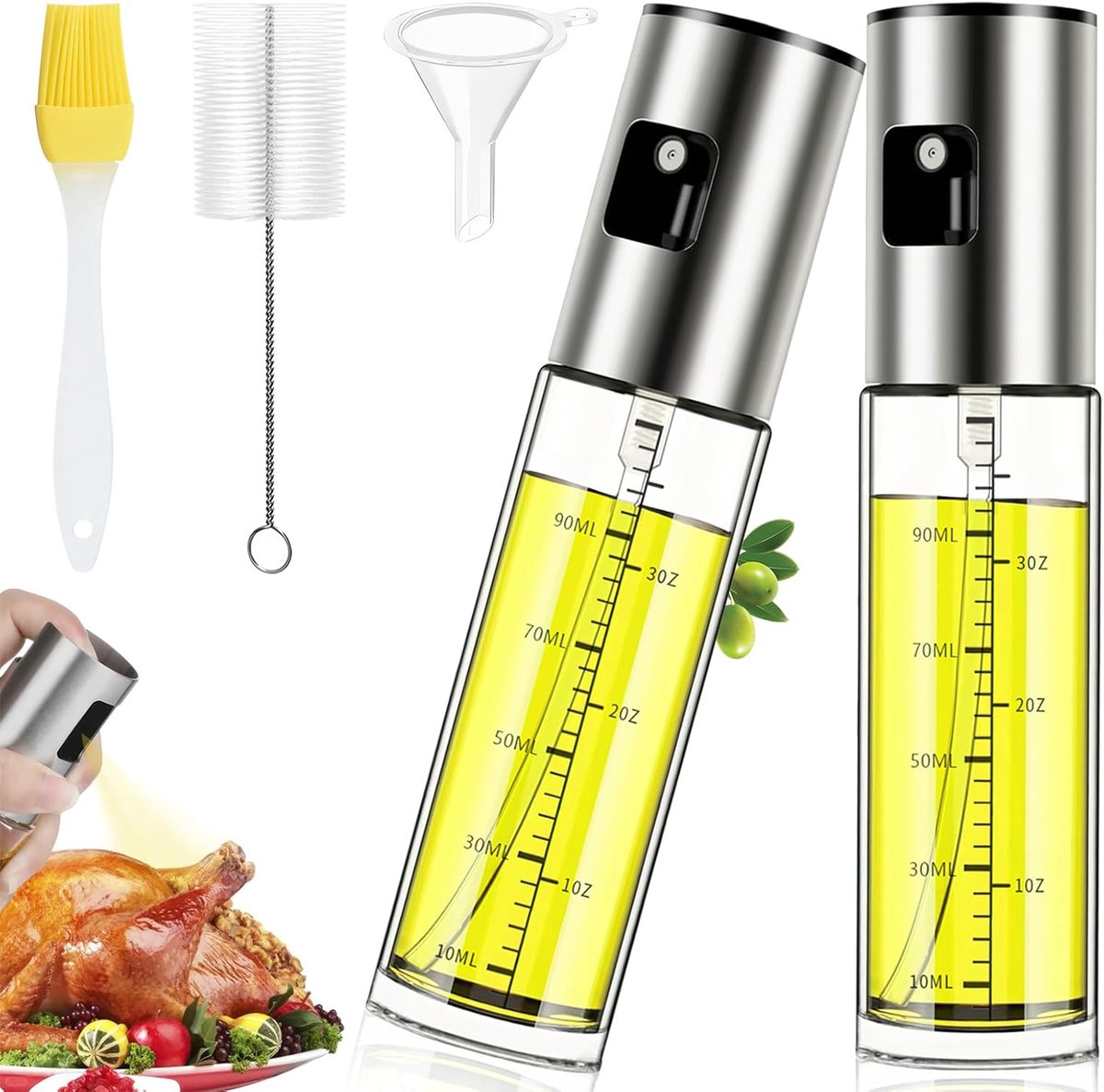Oliesproeier voor spijsolie, 2 stuks, 100 ml, oliespuitfles, roestvrij staal, glas, oliespray voor het koken, oliespray voor heteluchtfriteuse, airfryer, oliespray voor salade, grillen, bakken