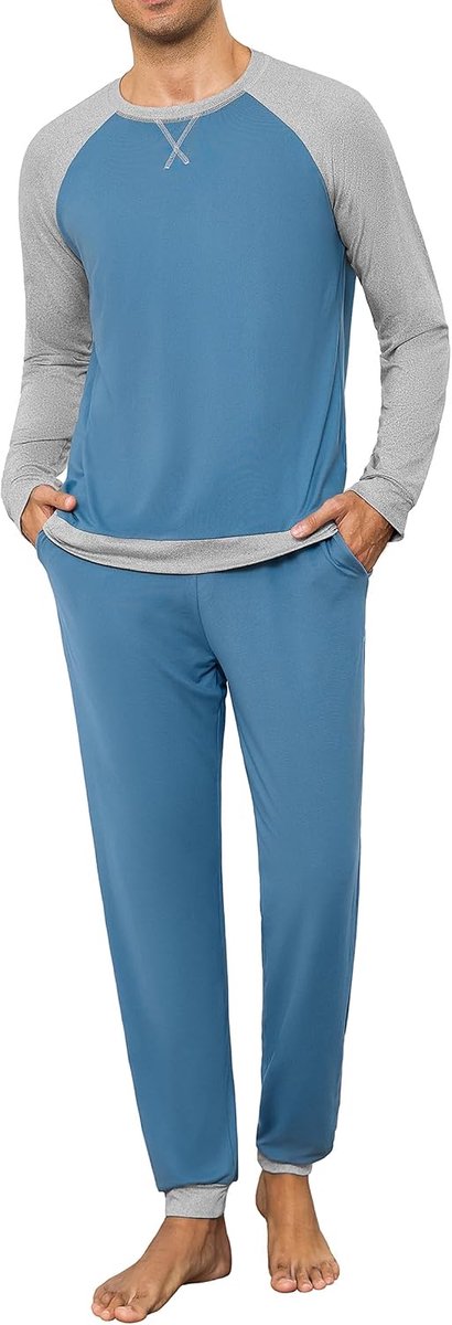 Pyjama voor heren, lang, met manchetten, contrasterende kleuren, katoenen pyjamaset, lange mouwen, nachtkleding, S-4XL