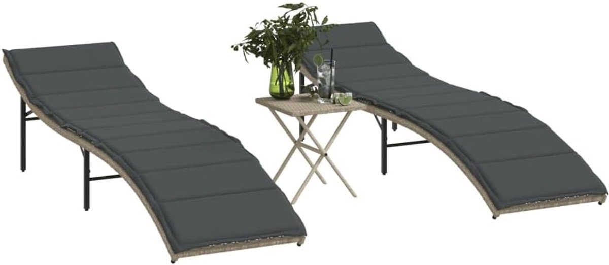 Ligstoelen 2 stuks met lichtgrijze tafel van polyrotan, professionele ligstoel voor buiten, tuinligstoel, ligstoel, zonnebed, P368256