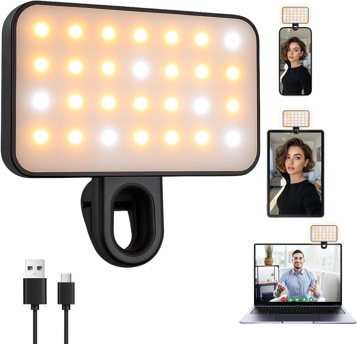 54 leds, kunststof, voor iPhone, telefoonlicht, draagbaar, met 3 kleurtemperaturen, selfielicht, voor telefoons, computer, videoconferenties