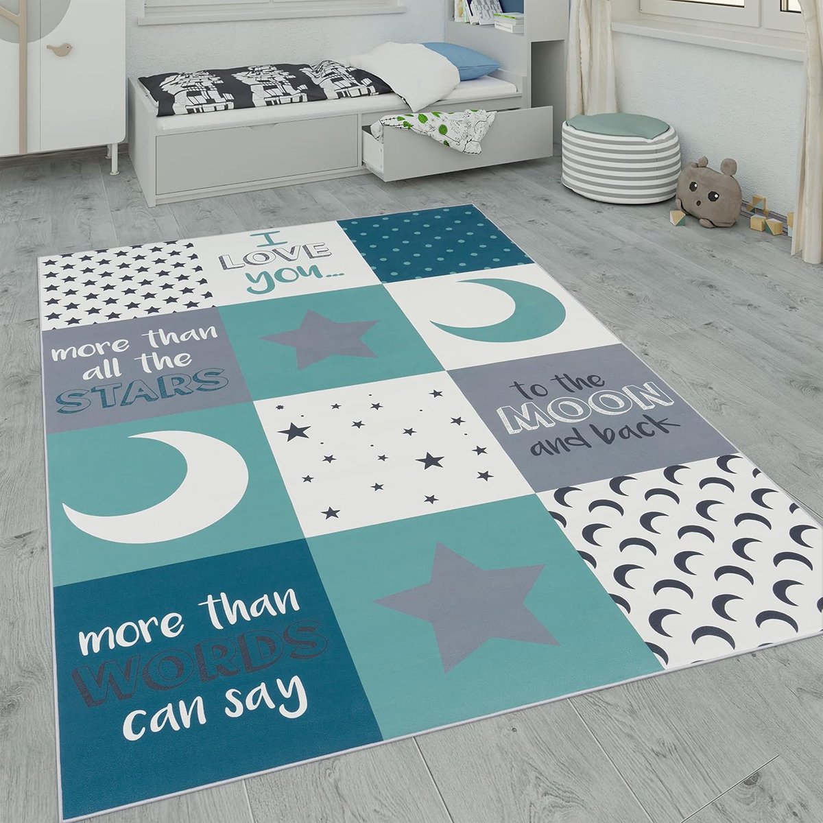 Home Kindervloerkleed, Kindertijd Met Ster, Maan En Ruitmotieven, Maat:120x160 cm, Kleur:Turquoise