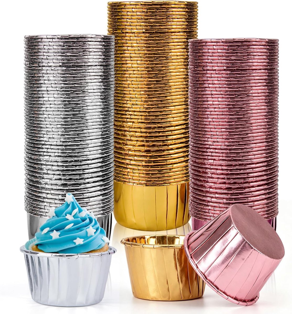Cupcake- en muffinvormpjes, aluminiumfolie, 150 stuks, goud, zilver, roze