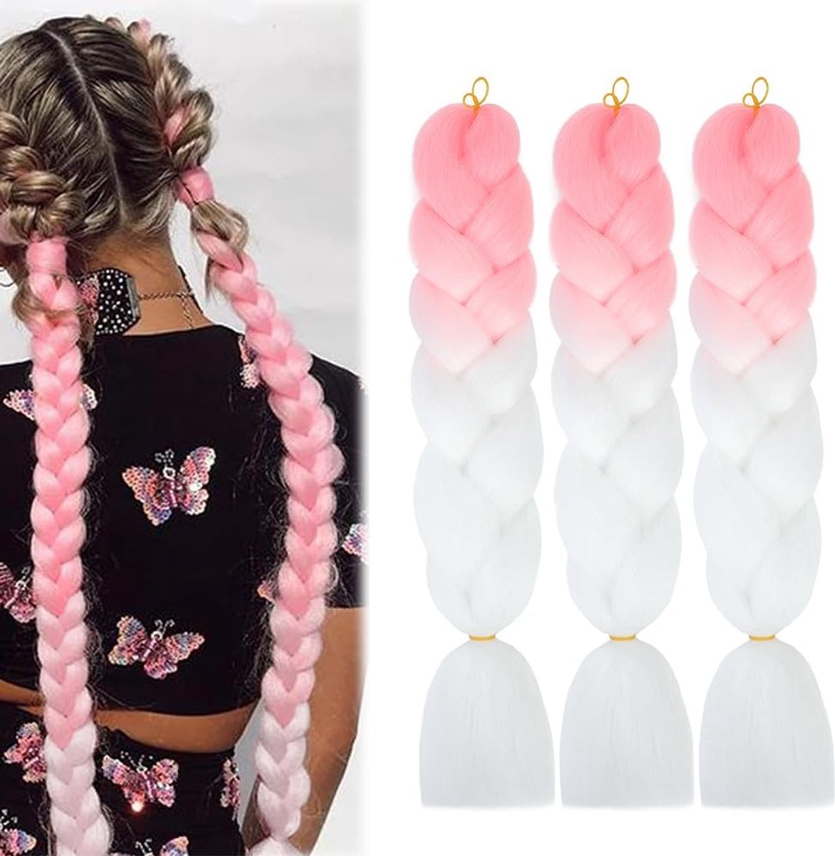 Haarextensies, 3 stuks jumbo vlechten, extensions 61 cm, ombre vlechten, kunsthaar voor crochet en twist vlechten, roze en wit, 61 cm, verpakking van 3 stuks