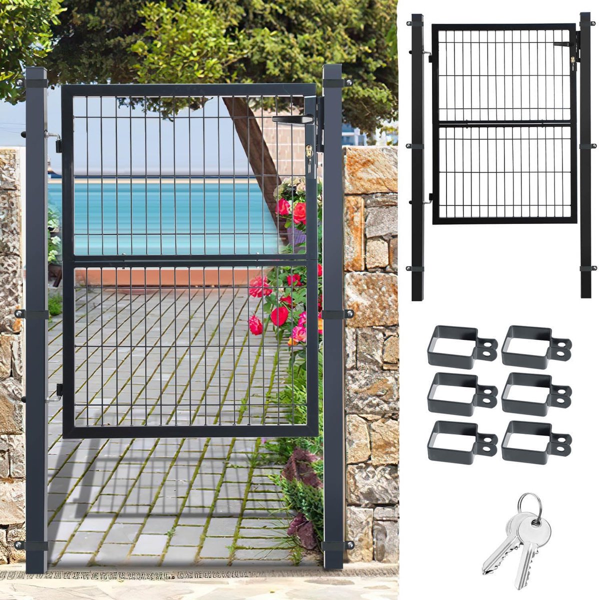 Tuindeur Antraciet, 120x100cm Tuinpoort van gegalvaniseerd staal, tuindeur, hekpoort, hofpoort, inclusief slot, deurklink en 3 sleutels, hek, schutting, robuust en duurzaam, weerbestendig