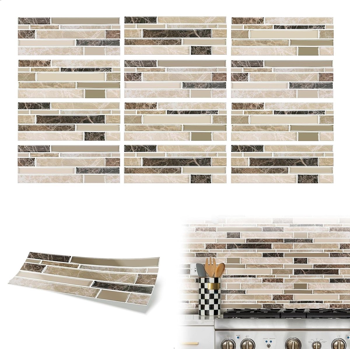 Tegelstickers voor keuken 3D, kunsttegels, zelfklevend, waterdicht, voor keuken en badkamer, zelfklevende panelen voor keuken 30 x 11 cm, tegelstickers, 12 stuks