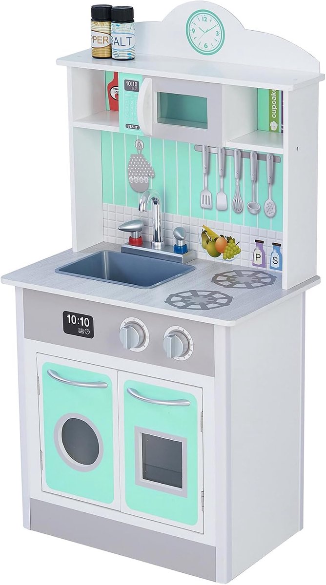 Kids Klassieke Houten Speelkeuken - Kinderspeelgoed - Rollenspel Speelgoed - Mintgroen/Grijs