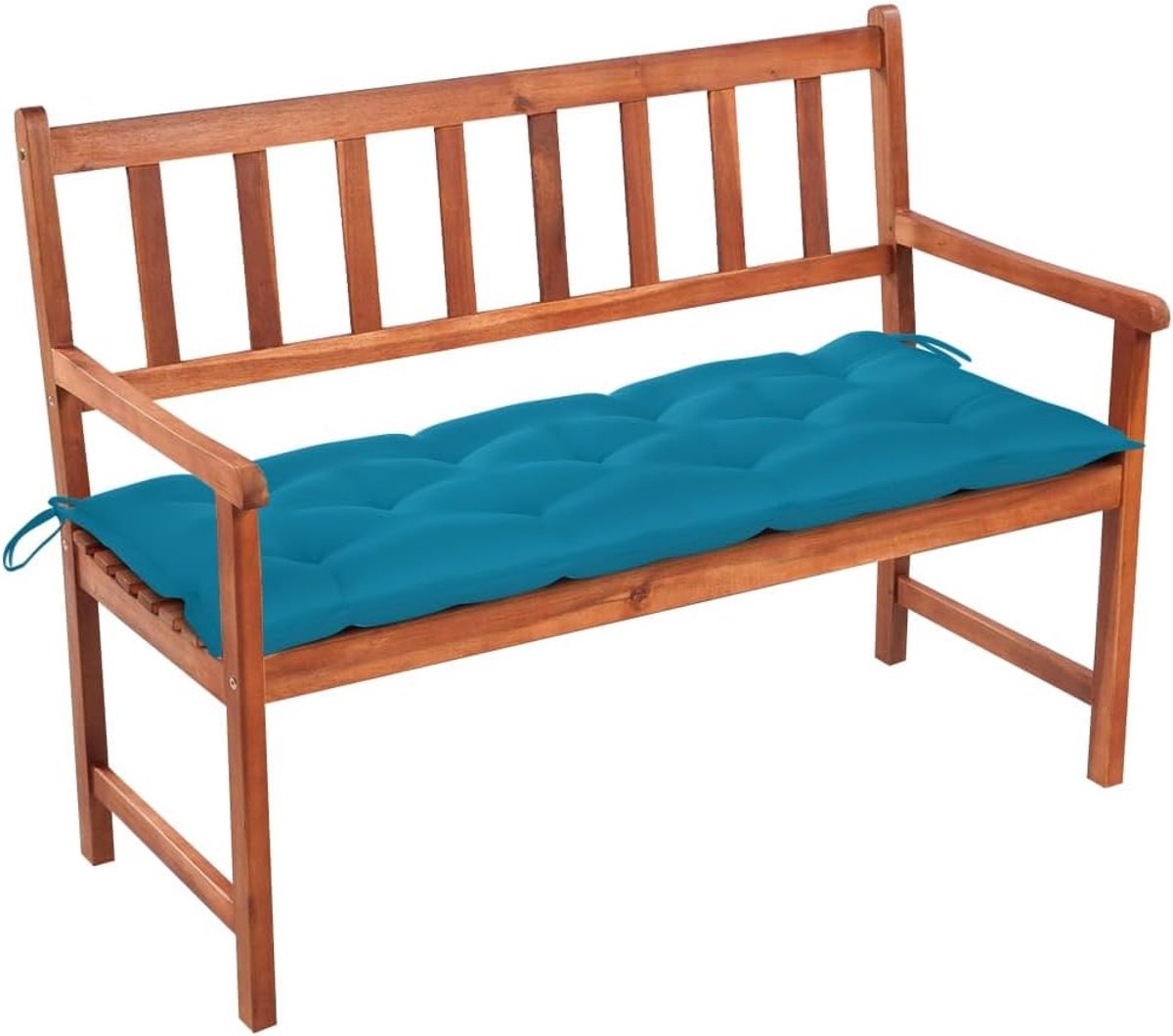 Houten tuinbank met kussen, 120 cm, massief acaciahout met oliecoating, weerbestendig en duurzaam, zit- en ruglatten voor optimale grip, twee
