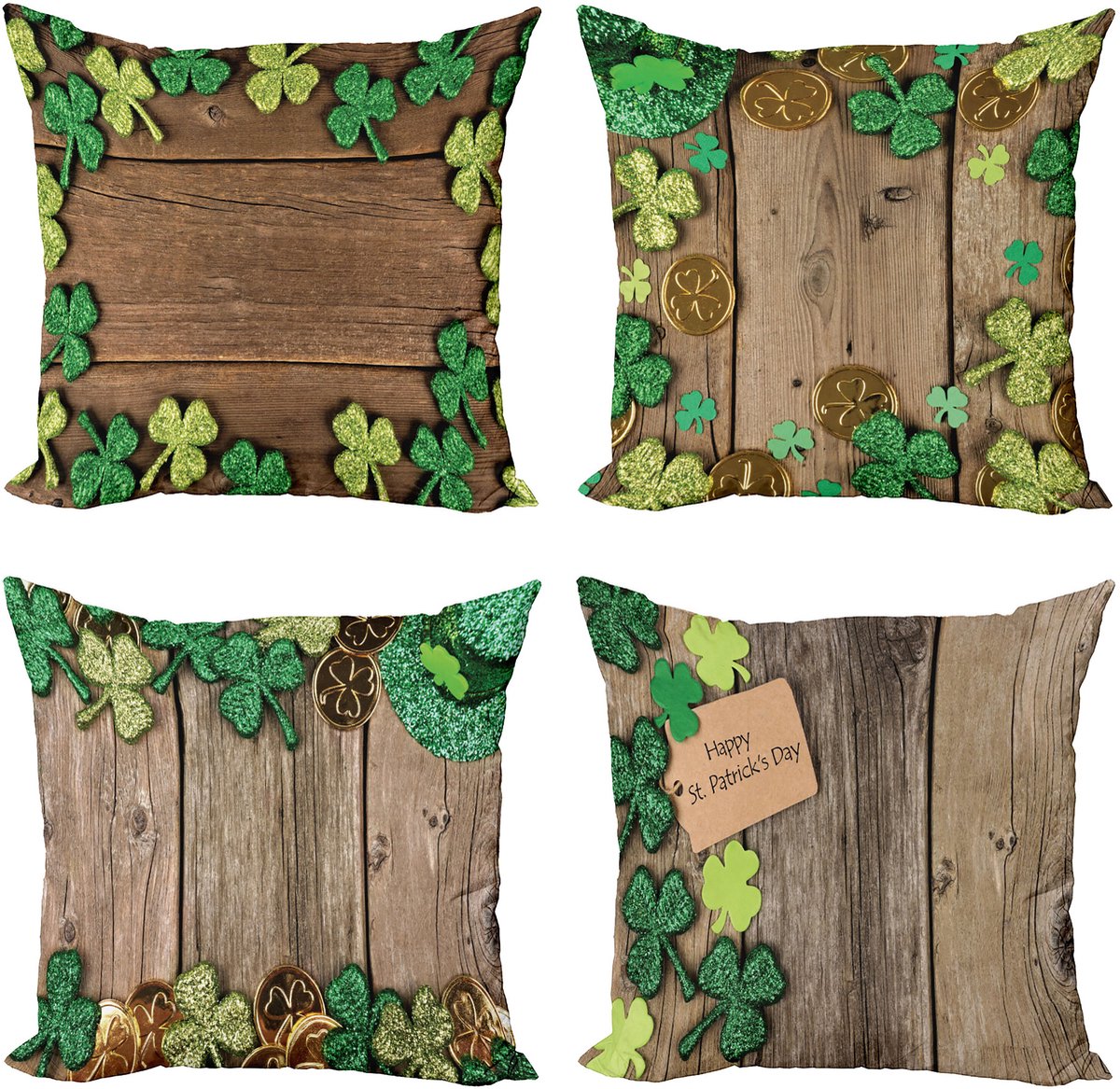 ABAKUHAUS St. Patrick Tag Sierkussen Kussenhoes 4 er Set, Clover Goldmünzen, Modern Accent Dubbelzijdige Digitale Print, 60 x 60 cm, Bruin en Groen