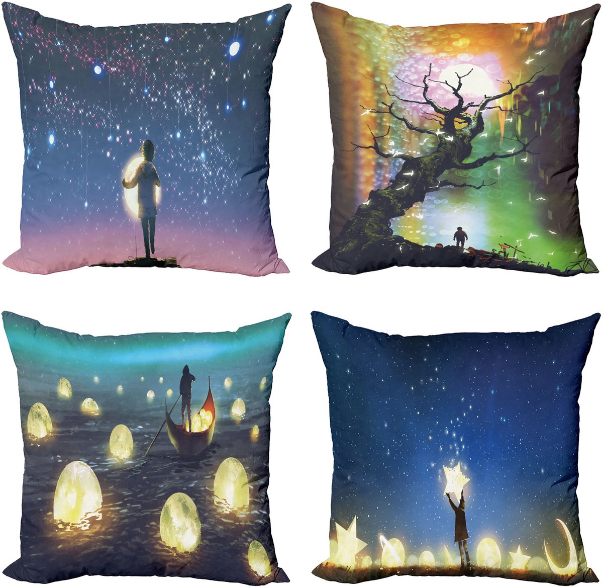 ABAKUHAUS Fantasie-Kunst Sierkussen Kussenhoes 4 er Set, Das Erreichen de Himmel Szenen, Modern Accent Dubbelzijdige Digitale Print, 40 x 40 cm, Meerkleurig