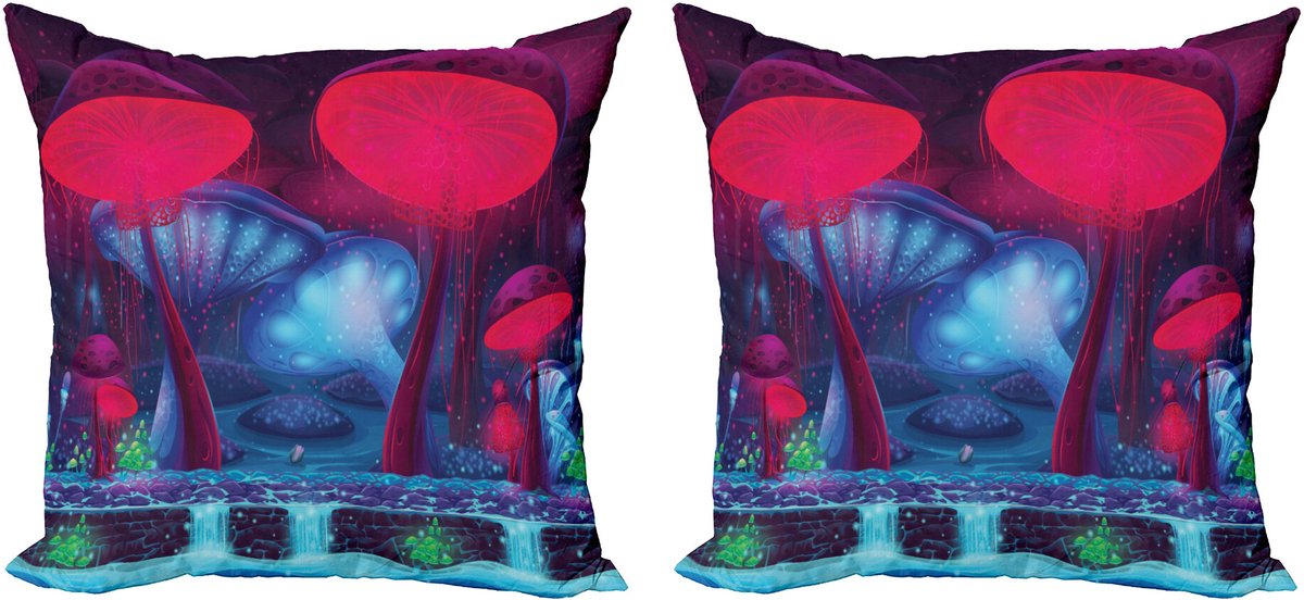 ABAKUHAUS Pilze Sierkussenhoes Set van 2, Pilze Leuchtende Kleuren, Modern Accent Dubbelzijdige Digitale Print, 60x60, Blauw Rood
