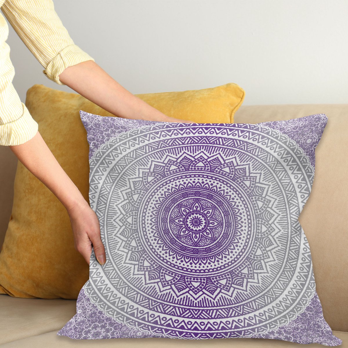 ABAKUHAUS Grijs en Lila Kussenhoes, Boho Ombre, Wasbare Kleurechte Kussenhoes met Digitale Dubbelzijdige Print en Ritssluiting, 45 x 45 cm, Wit Lila