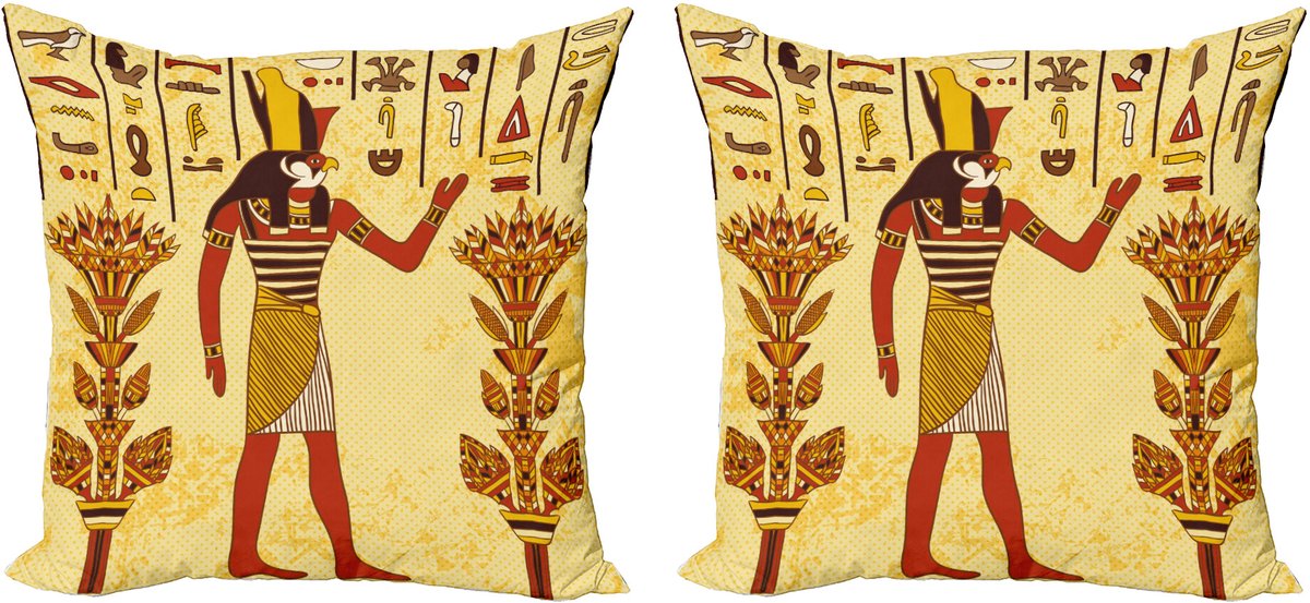 ABAKUHAUS Etnisch Sierkussenhoes Set van 2, Ägyptische Hieroglyphe Myth, Modern Accent Dubbelzijdige Digitale Print, 40x40, Hellgelb Goudsbloem Rood