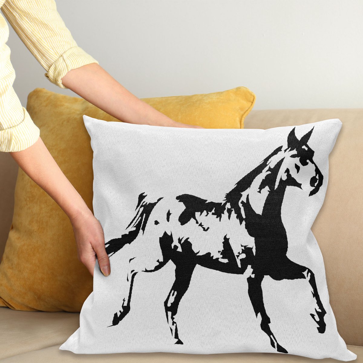 ABAKUHAUS Dier Kussenhoes, Running Horse Silhouet, Wasbare Kussenhoes met Ritssluiting, Kleurechte Heldere Kleuren en Dubbelzijdige Print, 40 x 40 cm, Zwart en Wit