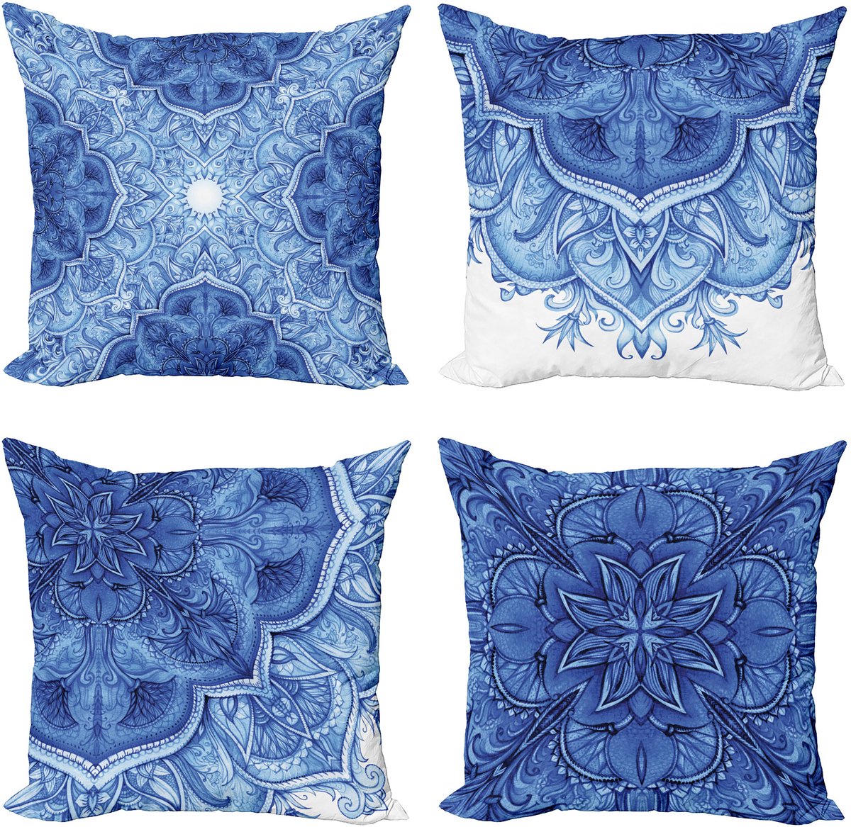 ABAKUHAUS Etnisch Sierkussen Kussenhoes 4 er Set, Mandala inspirierte Volkskunst, Modern Accent Dubbelzijdige Digitale Print, 60 x 60 cm, Blauw en Wit