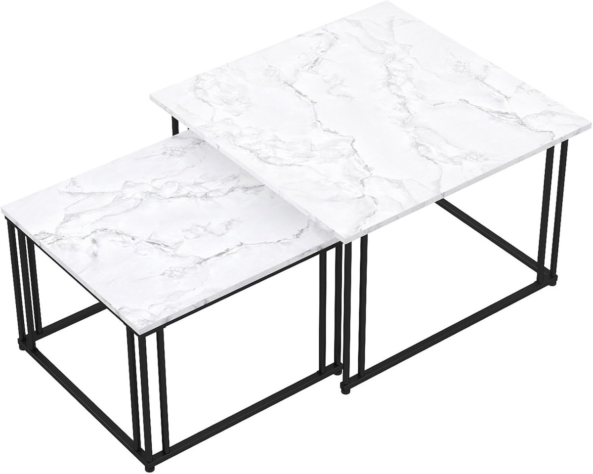Set van 2, moderne woonkamertafel, wit marmer met metalen frame, voor de woonkamer, 80 x 80 x 49 cm en 60 x 60 x 42 cm, vierkant