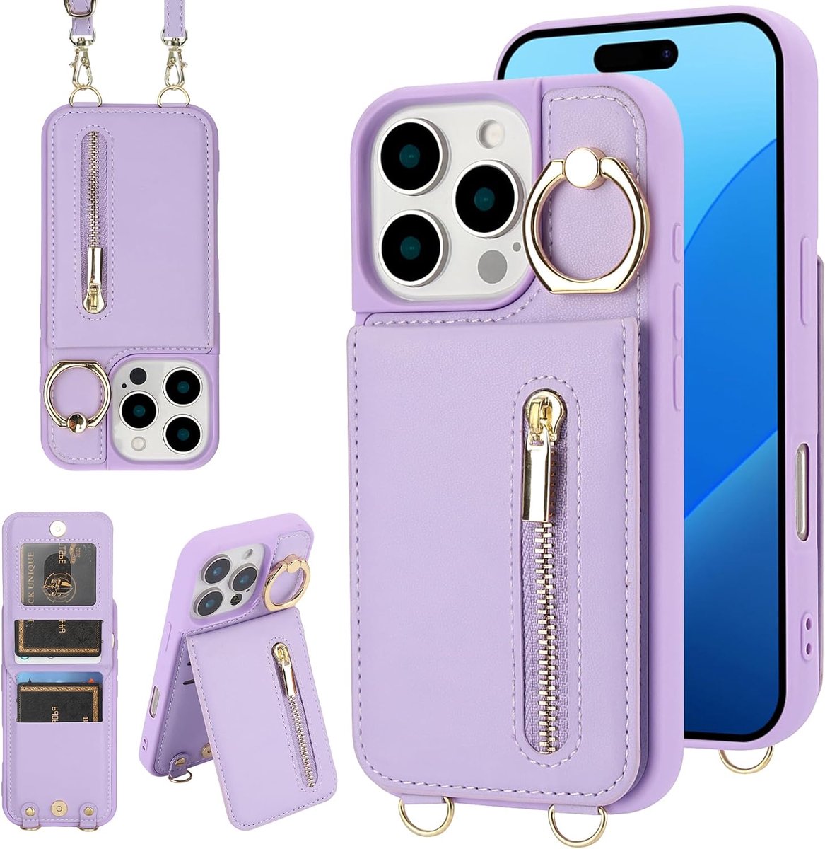 Hoes voor iPhone 15 Pro, stootvaste telefoonhoes met verstelbare halsketting, RFID-ritssluiting, portemonnee, etui met kaartenvak, met band, ring, standaard, case voor vrouwen, paars