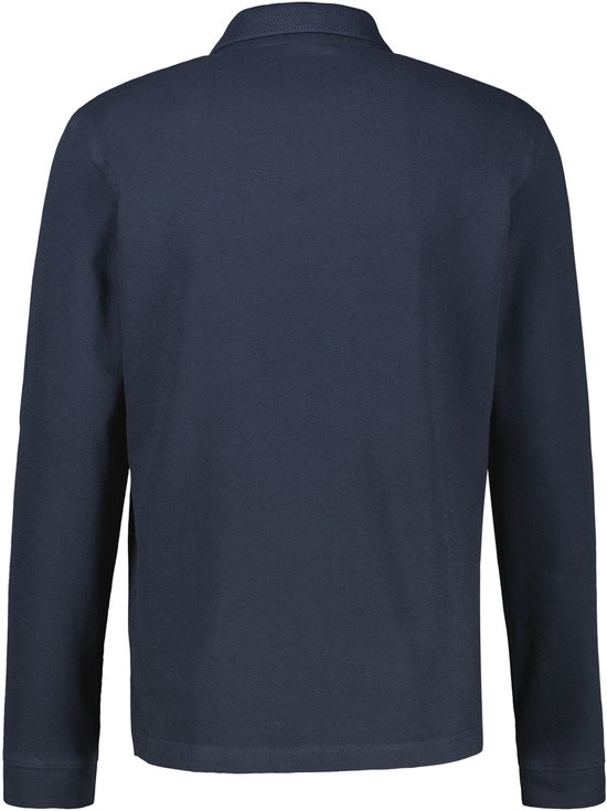 Achterkant van een marineblauw poloshirt met lange mouwen in puur katoen.