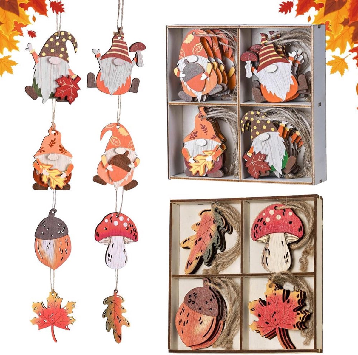 decoratieve hangers, herfstdecoratie, 24 stuks, herfstdecoratie, hangend hout, herfstdecoratie om op te hangen, met koord om op te hangen, voor herfstdecoratie, oogstfeest, Halloween