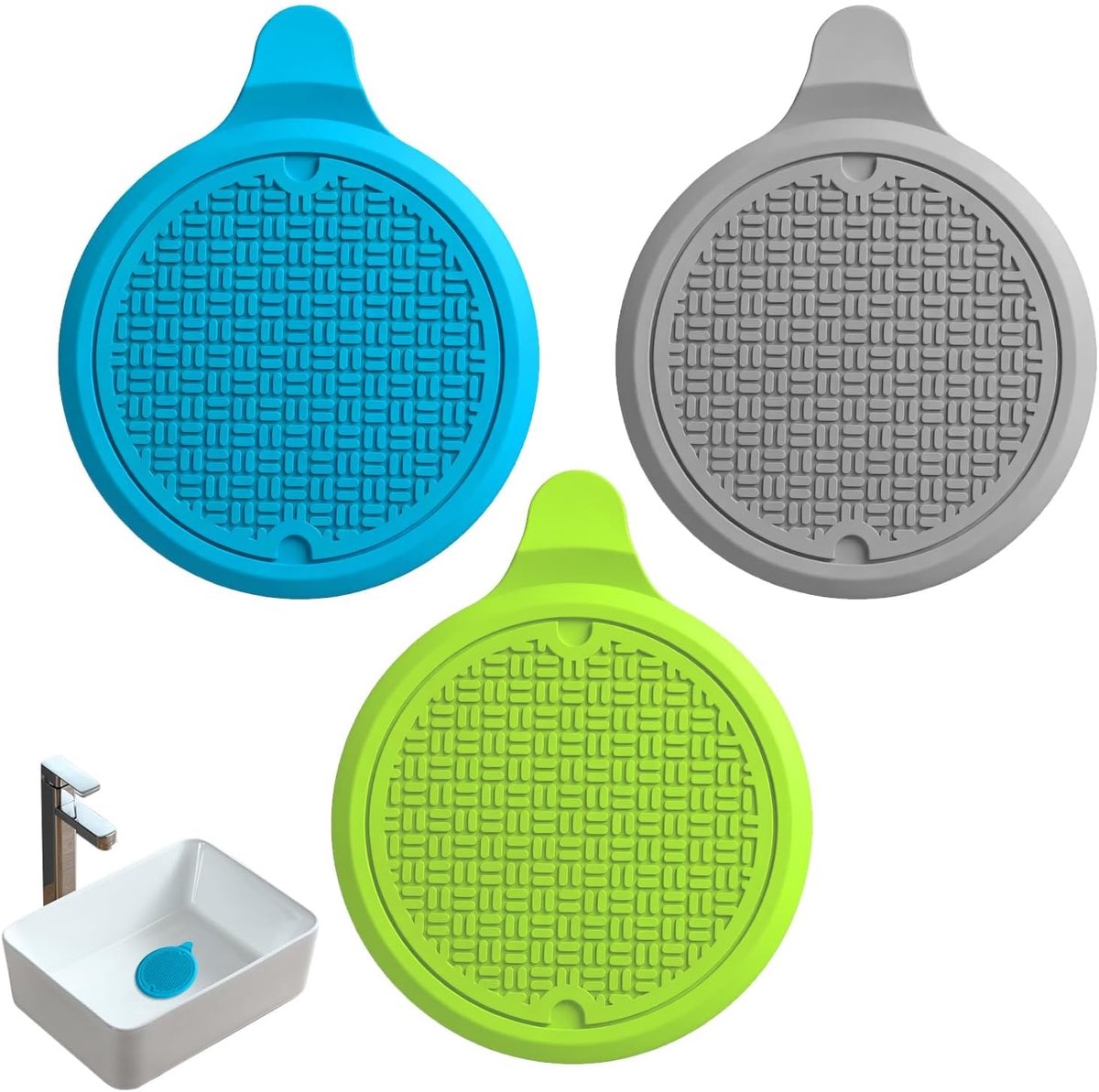 3 stuks universele siliconen stoppen voor badkuip, gootsteen en wastafel, herbruikbaar, flexibel, diameter 13 cm, anti-verstopping, waterdicht, gemakkelijk te reinigen, grijs, blauw en groen