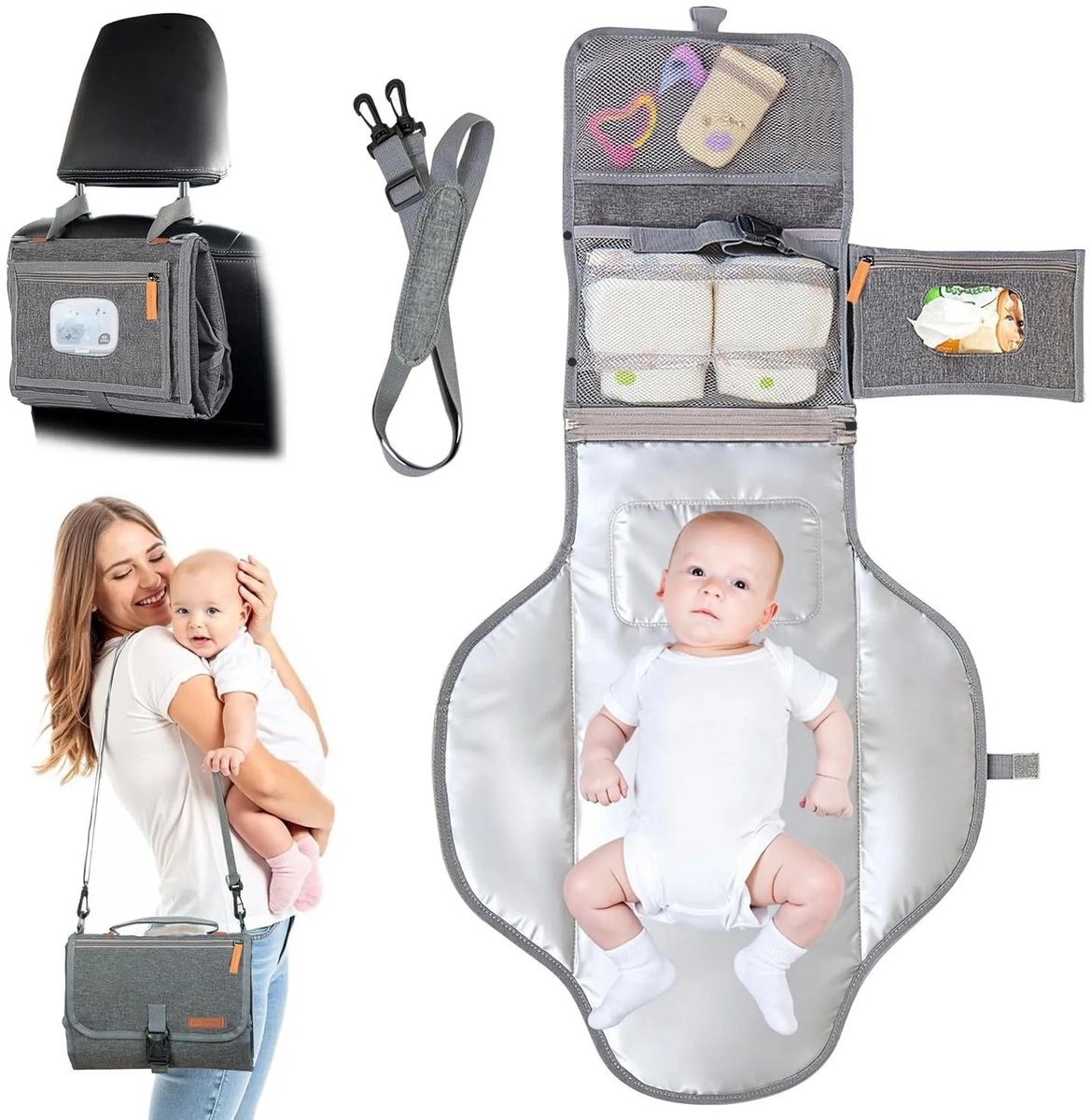 Cherrys Finds - Draagbaar Aankleedkussen voor Baby's - Draagbare Verschoningsmat Reistas - Waterdicht en Opvouwbaar Reiskussen met Grote Opbergruimte - Verschoningsmat Met Zak Voor Vochtige Doekjes - Opvouwbare Baby Verschoningsmat Voor Onderweg