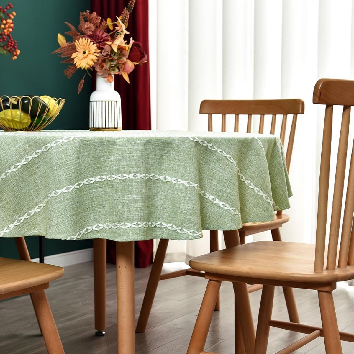 Tafelkleed, rond, 135 x 135 cm, linnen, voor eetkamer, outdoor, picknick, verjaardag, herfst, Kerstmis (groen)