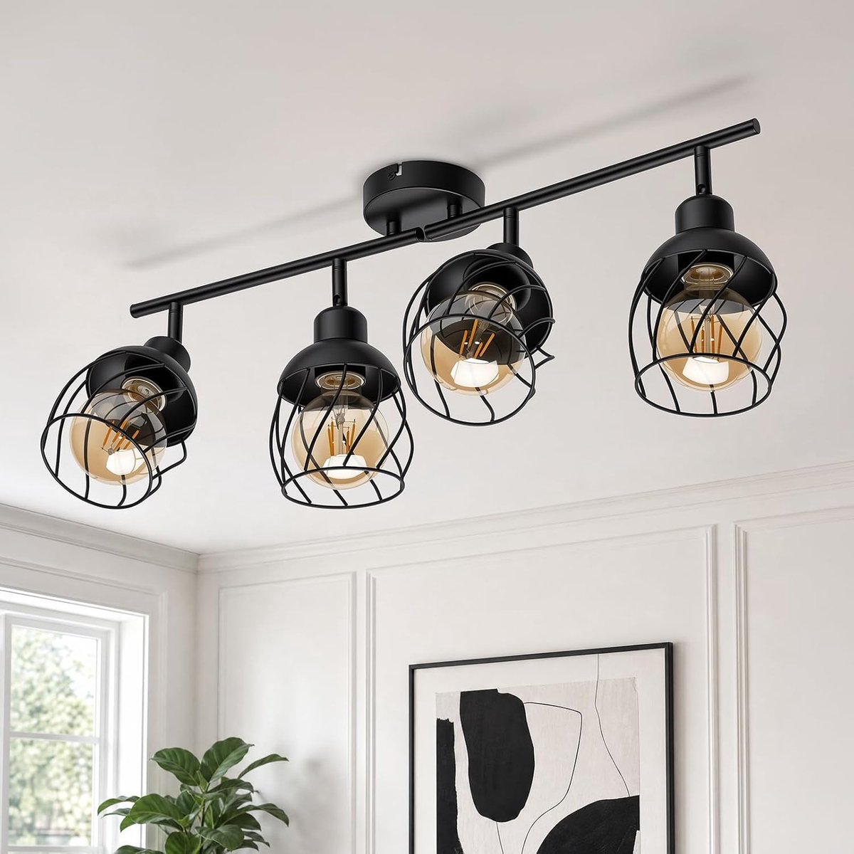 Binnenverlichting, kroonluchter, keuken, plafondlamp, 4 draaibare led-spots, industrieel, zwart, metaal, kroonluchter, eetkamer, voor slaapkamer, woonkamer, hal (zonder lamp)