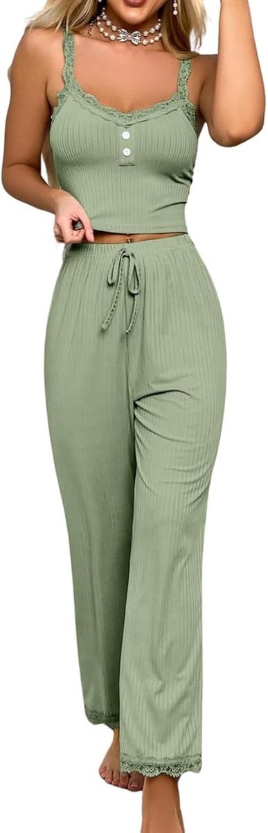 2-delige pyjamaset voor dames, kanten pyjama, buikvrij, cami-top, lange broek, V-hals, nachtkleding, elegant, mouwloos, prikkelend, zacht, loungewear, comfortabel, negligé, elastisch