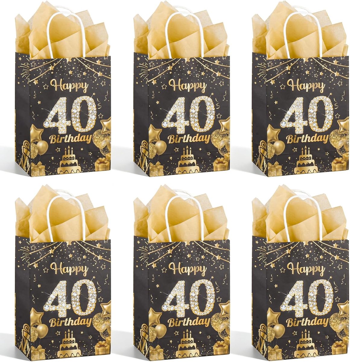 6 geschenkzakjes voor de 40e verjaardag, zwart en goud met pailletten, "Happy 40 Birthday" met handgrepen en cadeaukaart, voor geschenken en feestjes