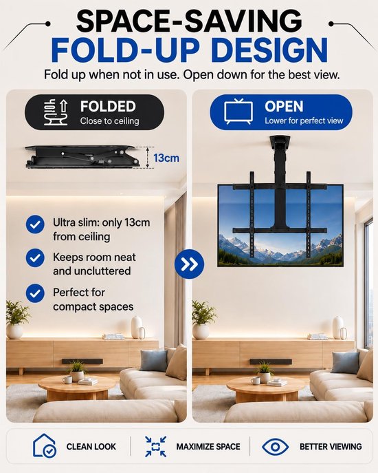 Tv-beugel, Elektrische Tv-plafondmontage Met Afstandsbediening En Schakelaarbediening, Gemotoriseerde Tv-lift Installatiemethoden Voor Plafond- En Wandmon (32-70 inch) — afbeelding 3