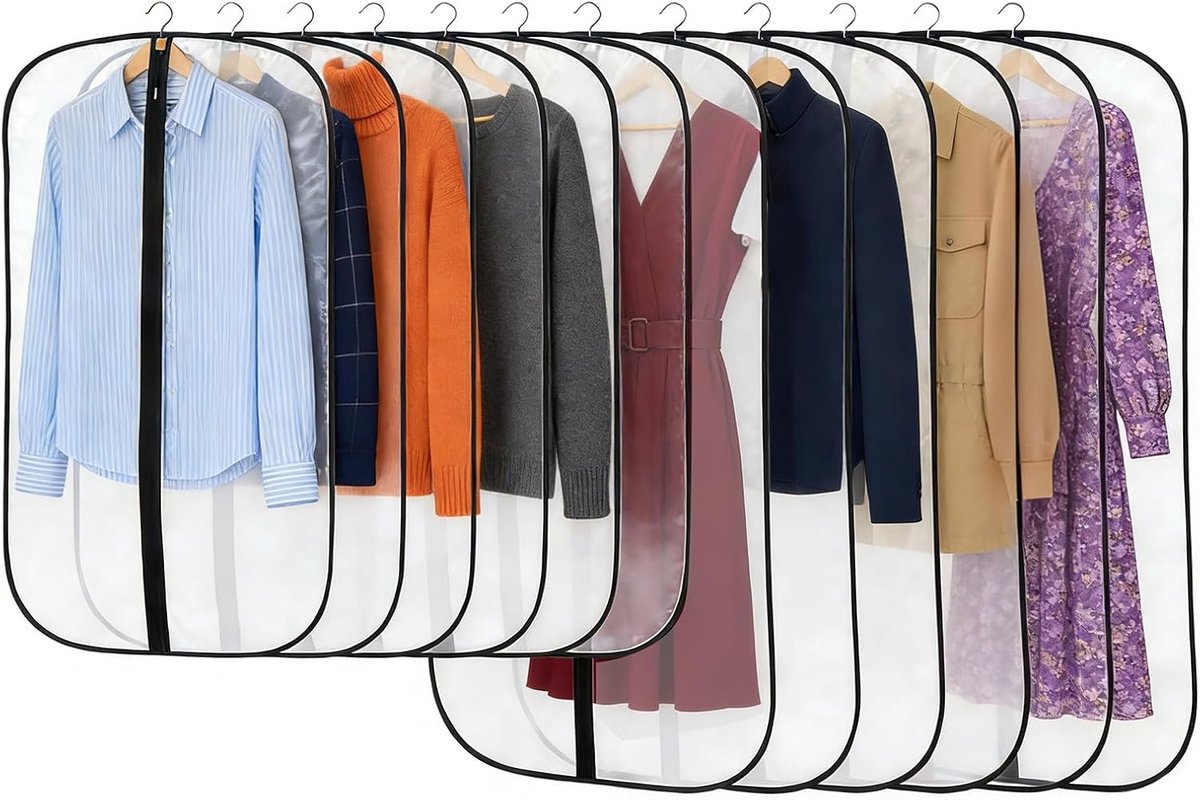 12 Stuks Kledingzakken Lang, voor Pakken, Mantels, Jurken, Overhemden, Opslag Kledinghoes, Kledingbeschermhoes, Transparant, Kledingzakken met Ritssluiting