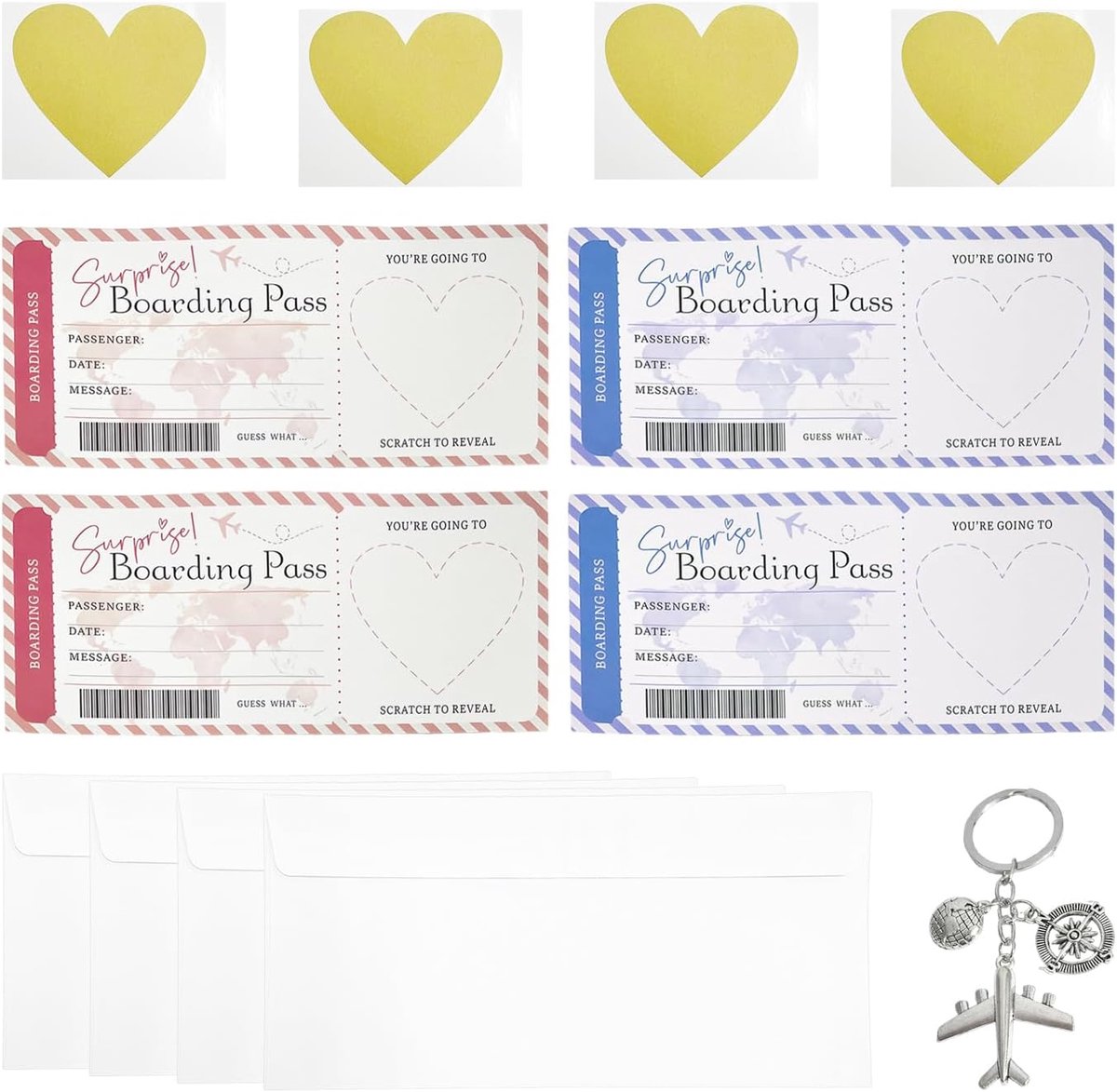 4 Stuks Surprise Boarding Pass Gift Cards, 1 Vliegtuig Reizen Sleutelhanger, Vakantie Verrassing Wenskaarten, Hartvormige Patroon Decoratie, Creatieve Geschenken, Vliegtuig Model Hanger.