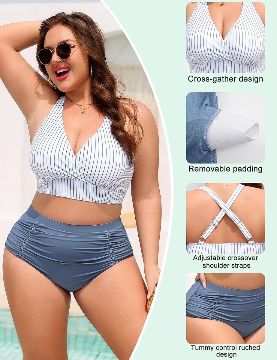 Badpak voor dames, 2-delig, grote maat, figuurvormend, bikini, hoge taille, platte buik, tweedelig, V-hals, vakantie, strand, strandkleding