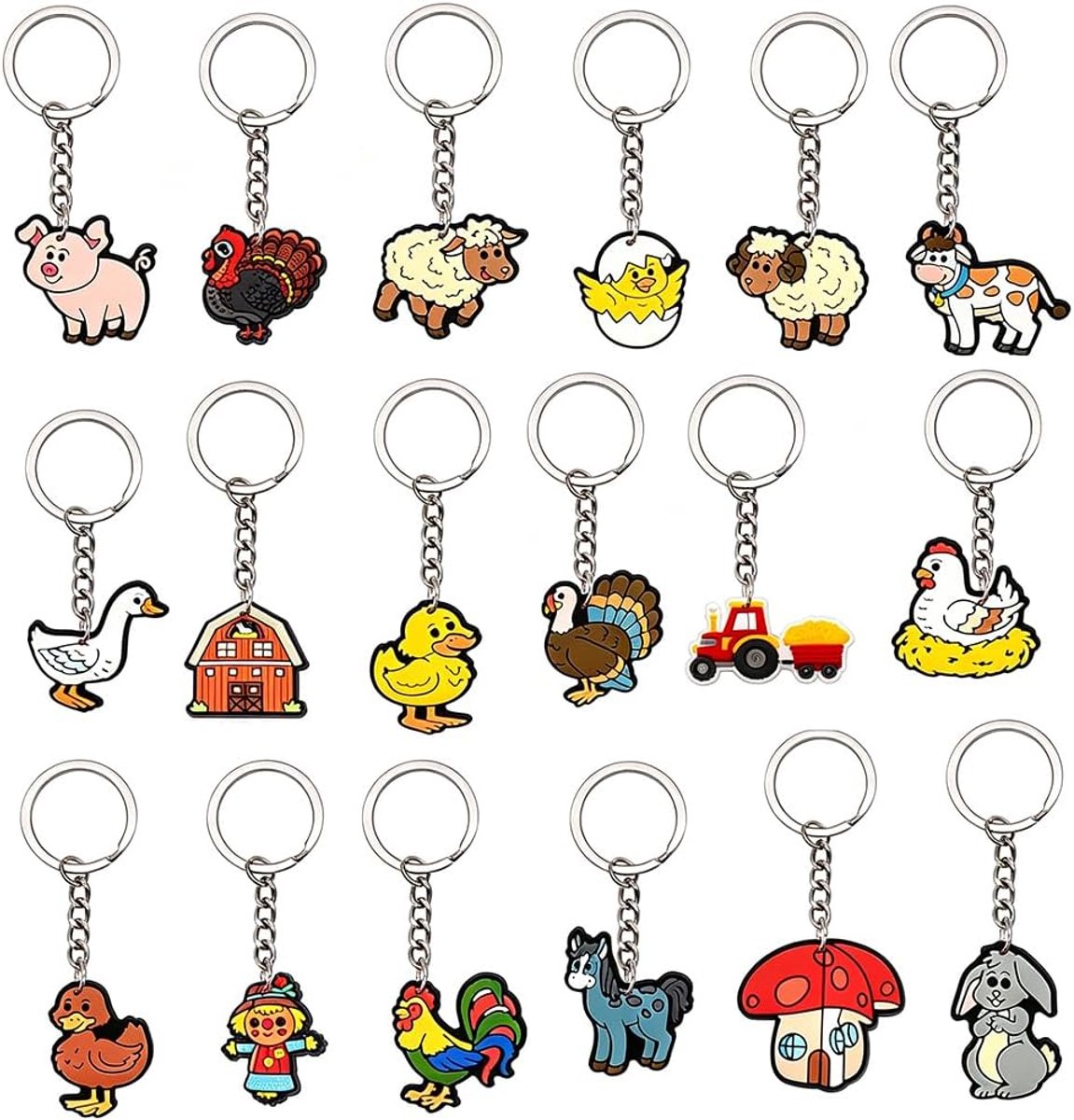 Boerderijdieren, 18 stuks sleutelhangers dieren voor kinderen, siliconen, sleutelhanger, cartoon, boerderij, voor sleutels, portemonnee, rugzakken, portemonnee