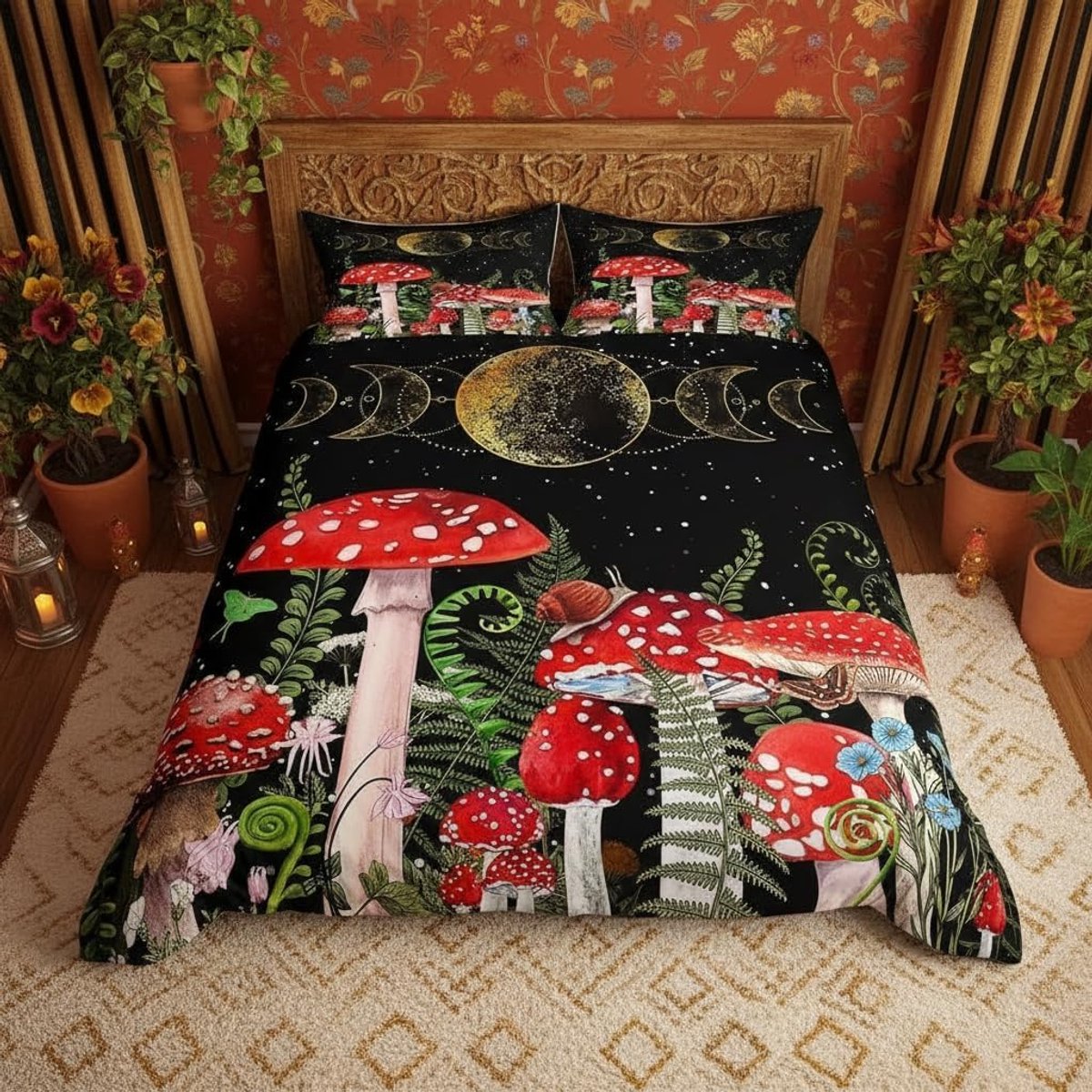 Rode paddenstoel-beddengoedset, lenteplant, beddengoedset 200 x 200 cm, boho-bedset voor kinderen, jongens, meisjes, tieners, 3 stuks, ritssluiting, microvezel