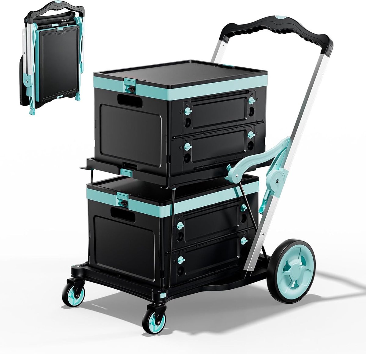 Winkelwagen trolley om te duwen met 4 wielen en 1 klapdoos, grote schuifwagen