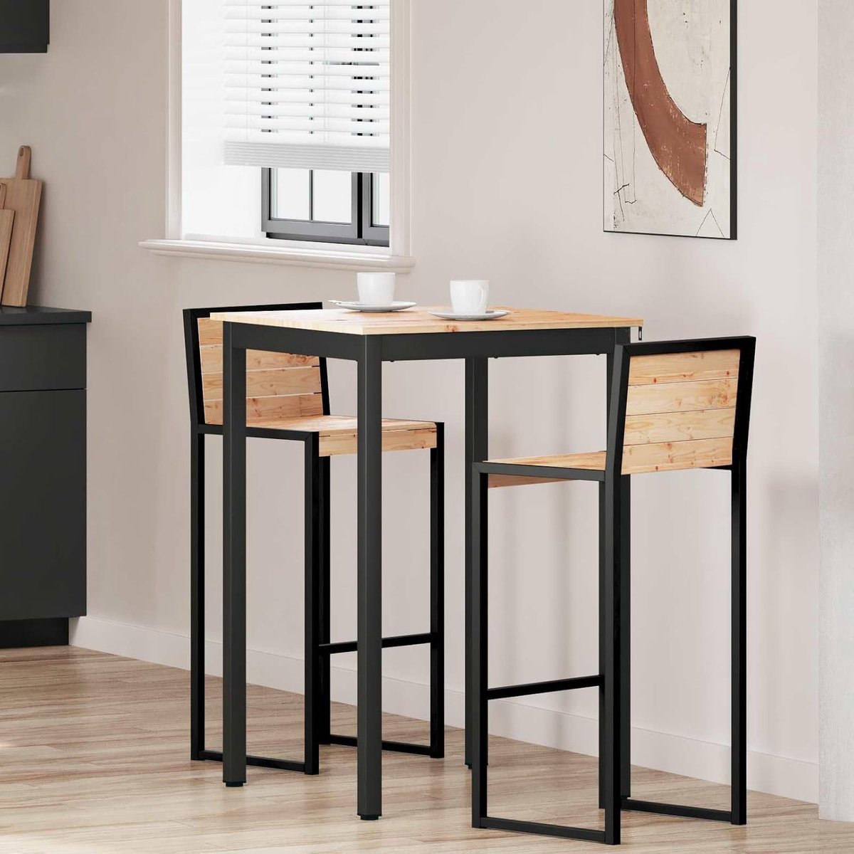 Grenenhout, bartafel, 70 x 70 x 105 cm met moderne metalen constructie en robuust tafelblad van hout, voor eetkamer of keuken