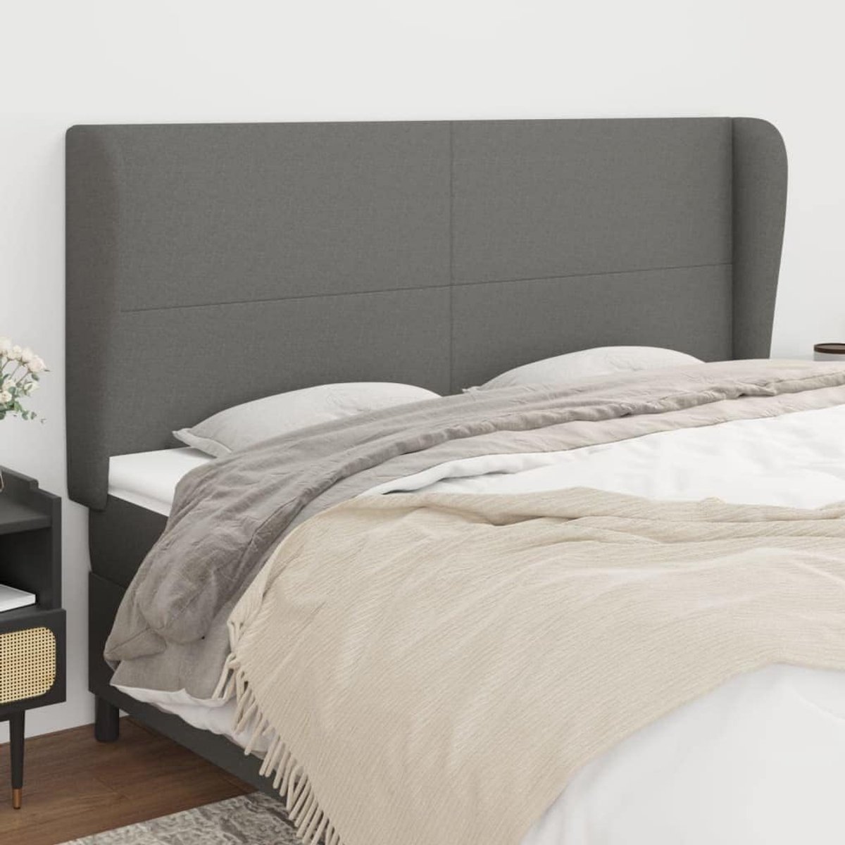Hoofdsteun met oren, donkergrijs, 163 x 23 x 118/128 cm, stoffen hoofdeinde voor slaapkamer, slaapkamer, hotels