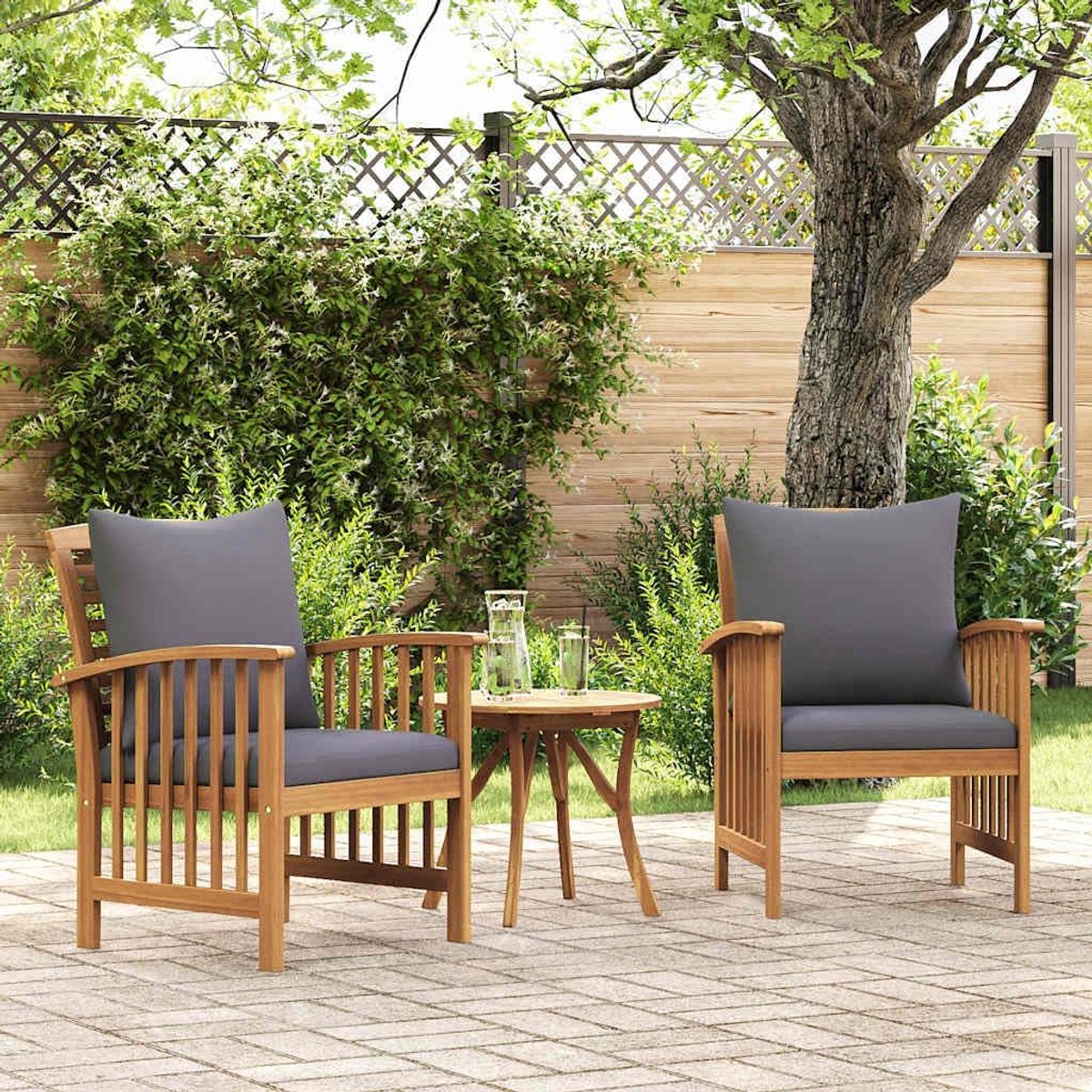 Set van 2 tuinstoelen met kussens, acaciahout, massief met olieafwerking, terrasstoelen, zit- en rugkussens, maximale belasting 110 kg per zitting,