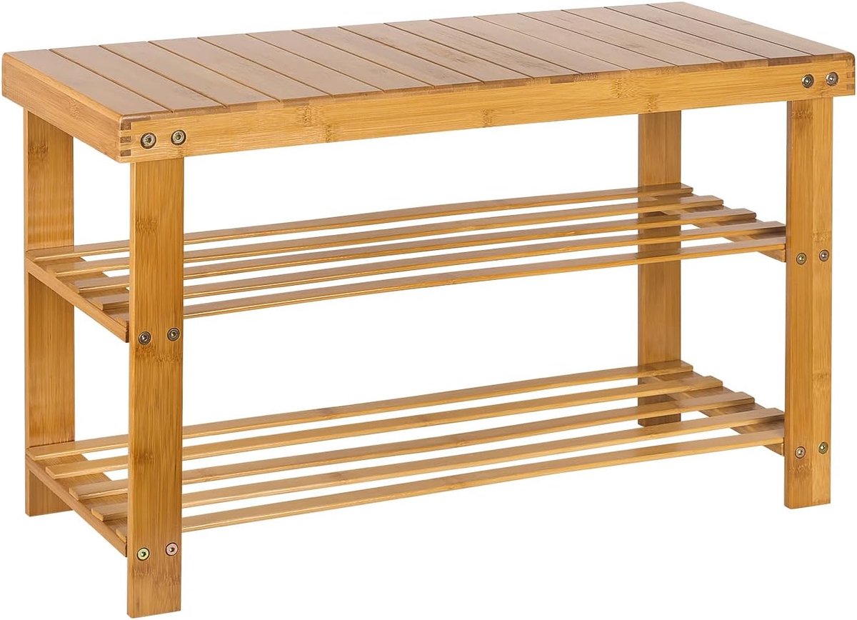 Schoenenrek bamboe, schoenenkast met 3 etages, voor 9 paar schoenen, stevig, 3-Tier Schoen Organizer voor Hal Hal Badkamer Woonkamer,70 x 27 x 42 cm (1 stuk) Originele kleur