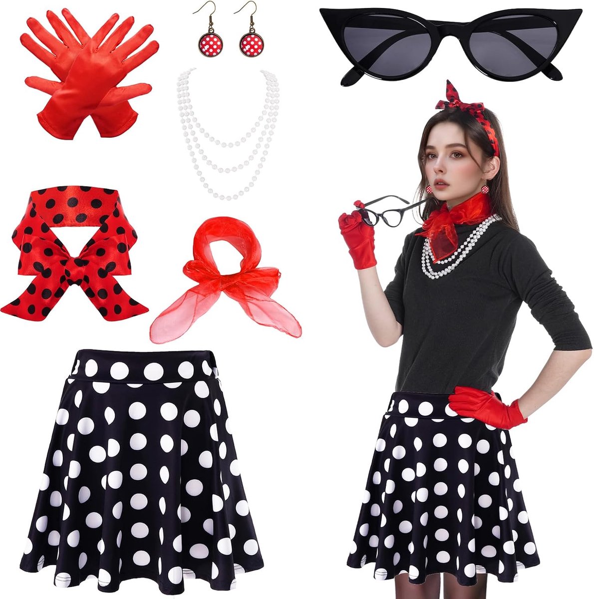 50 damesaccessoires, jaren 50-kostuumset voor dames, hoge taille, mini-rok, stippen, hoofdband, kattenoogbril, rood, chiffon, sjaal, handschoenen voor motopfeest, retro, deels feest