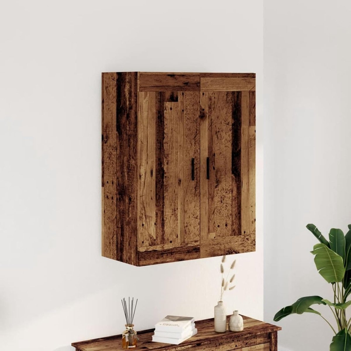 Antiek houtlook met 3 vakken en zwarte aluminium handgrepen, houtmateriaal, 69,5 x 34 x 90 cm, voor woonkamer, slaapkamer en werkkamer
