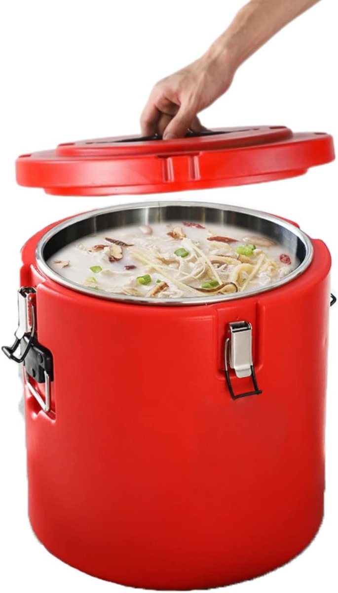Geïsoleerde soeppandrager draagbare commerciële warm-koude warmbox voedselverwarmer grote isolatie vat koelere drager roestvrij stalen voering met stofkap 15 liter (3,75 gal)