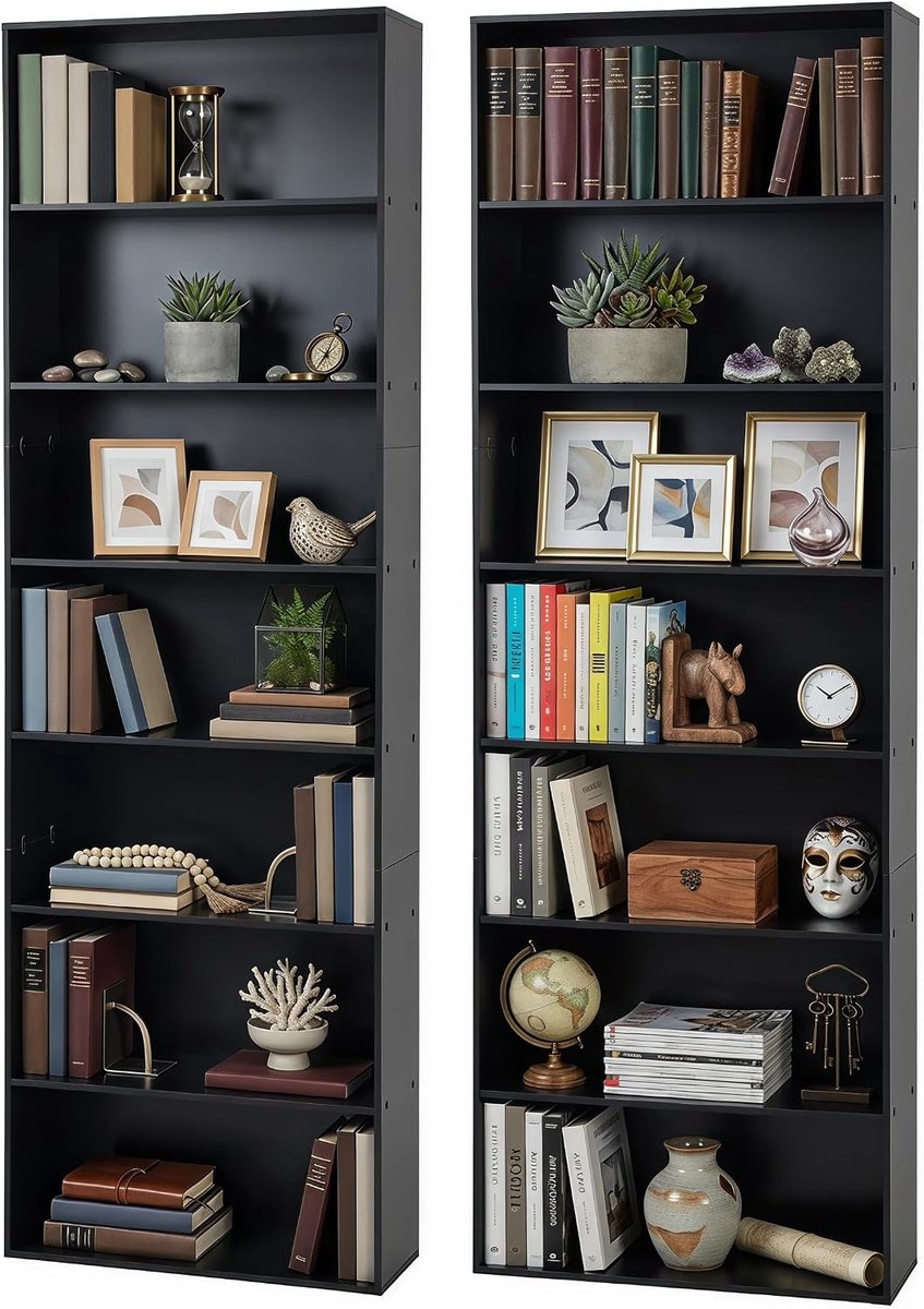 Set van 2 boekenplanken, hoog, 7 niveaus, zwart, mat, smal, combineerbaar, woonkamermeubilair, modern design