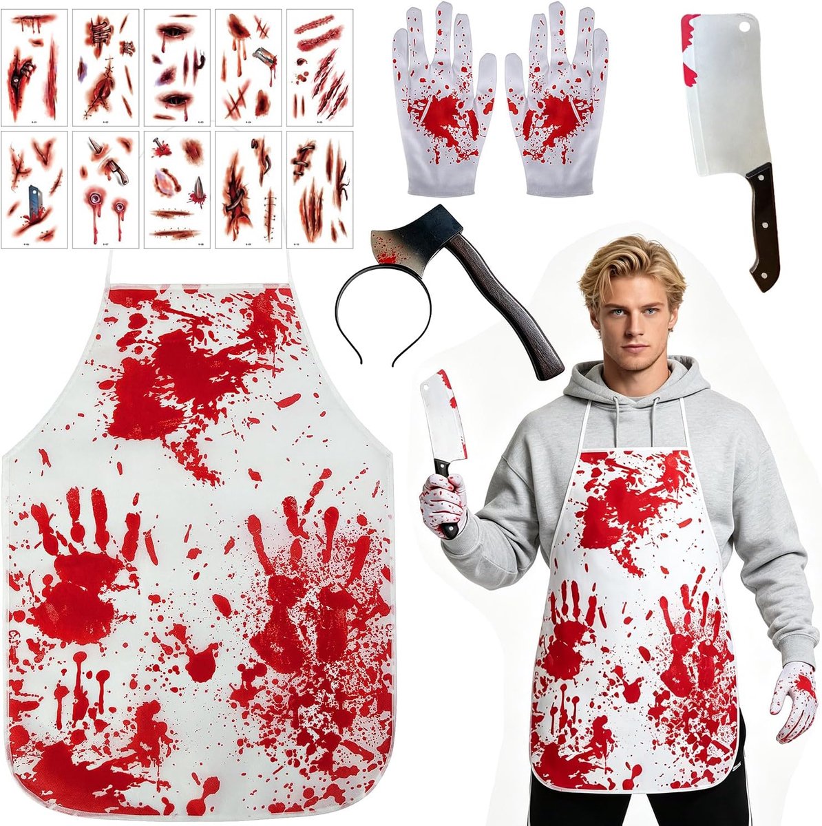 Seriemoordenaar, kostuums, slagermes, littekenstickers, bloedige slager, horror voor Halloween/cosplay-A
